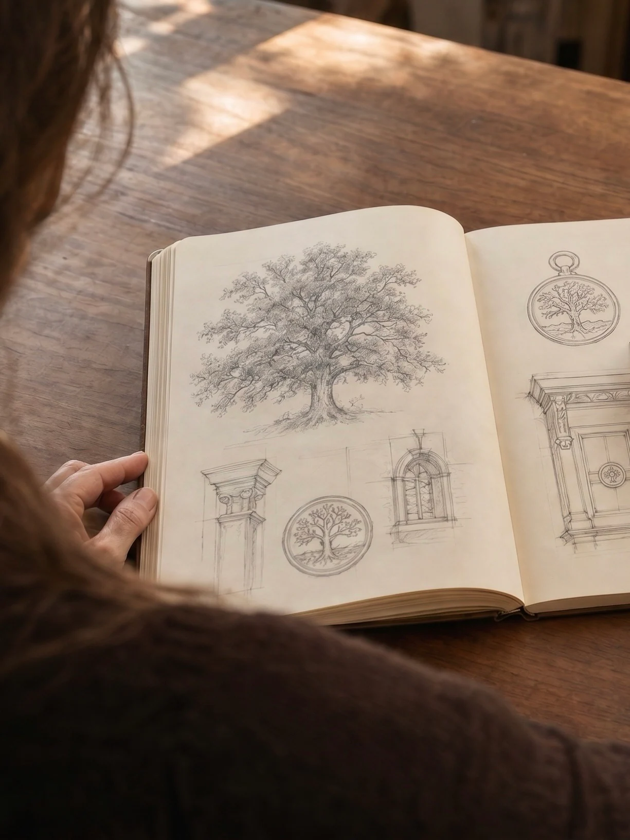 A sketchbook filled with institutional symbols and jewelry studies