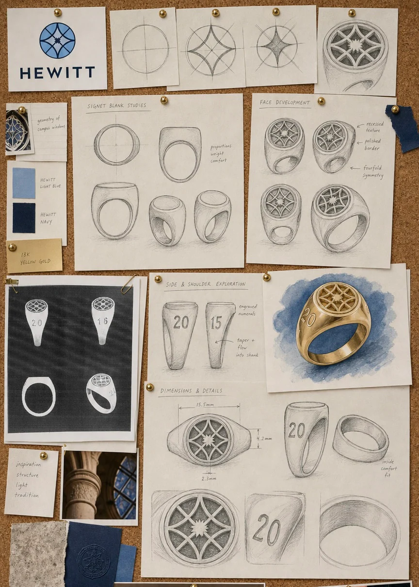 Hewitt class ring process board with pencil studies and color samples