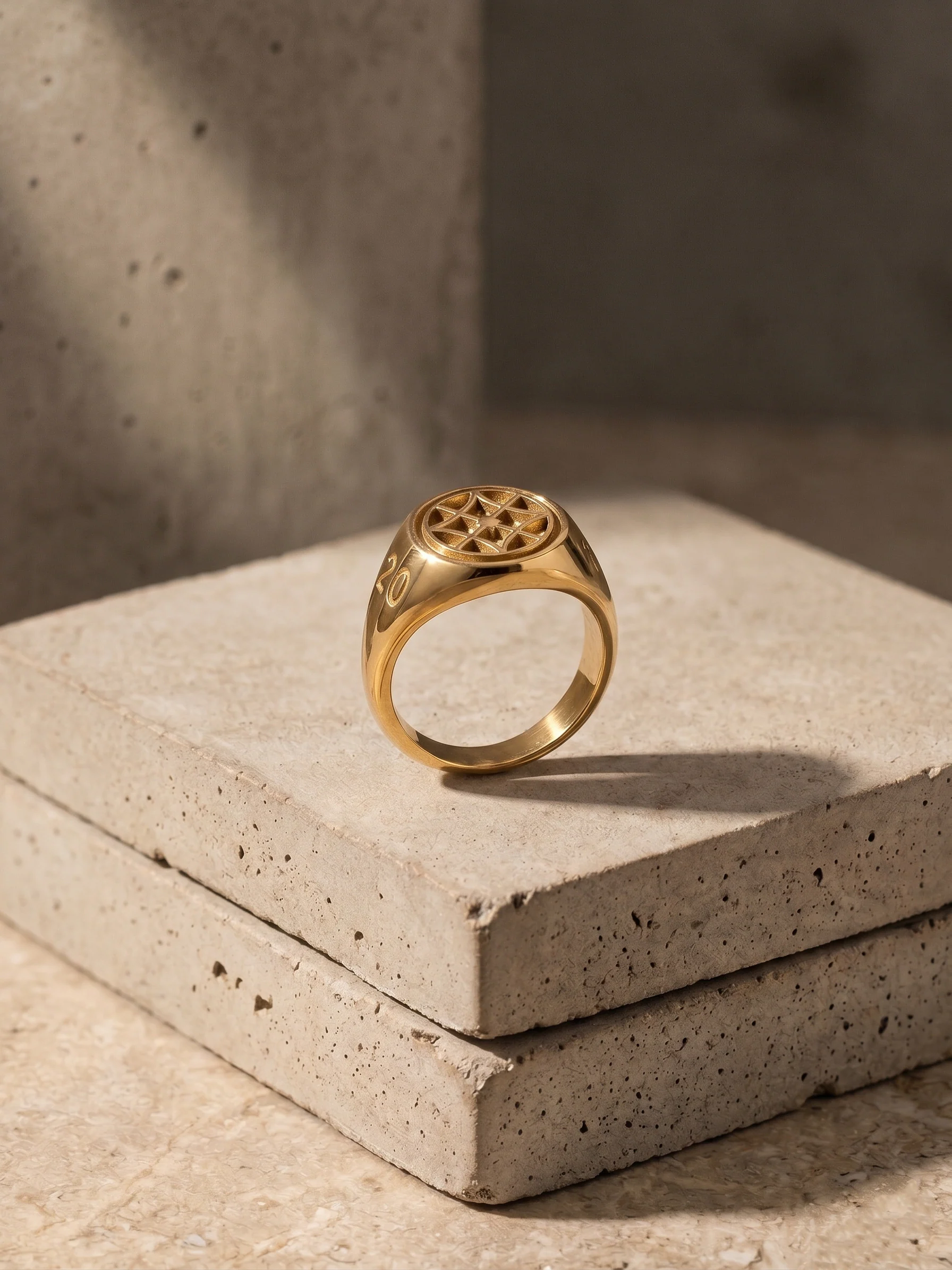 Gold Hewitt class ring on a stone plinth