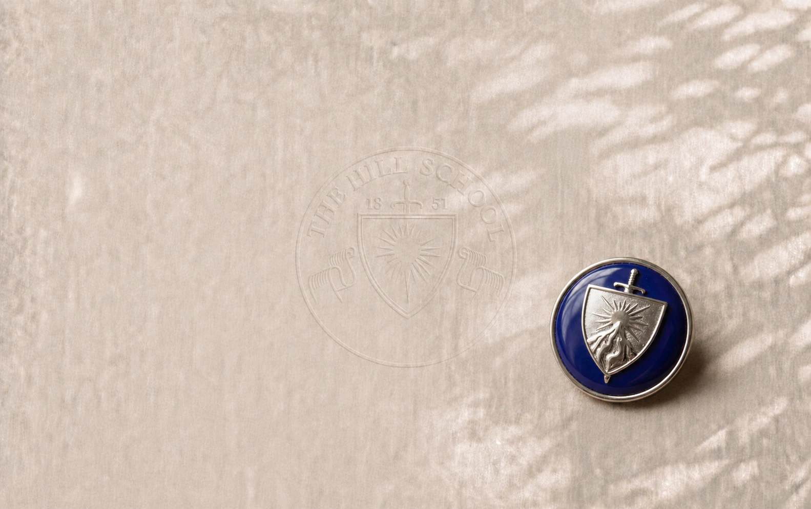 A blue and silver Hill lapel pin beside the school seal, lightly embossed on ivory textile