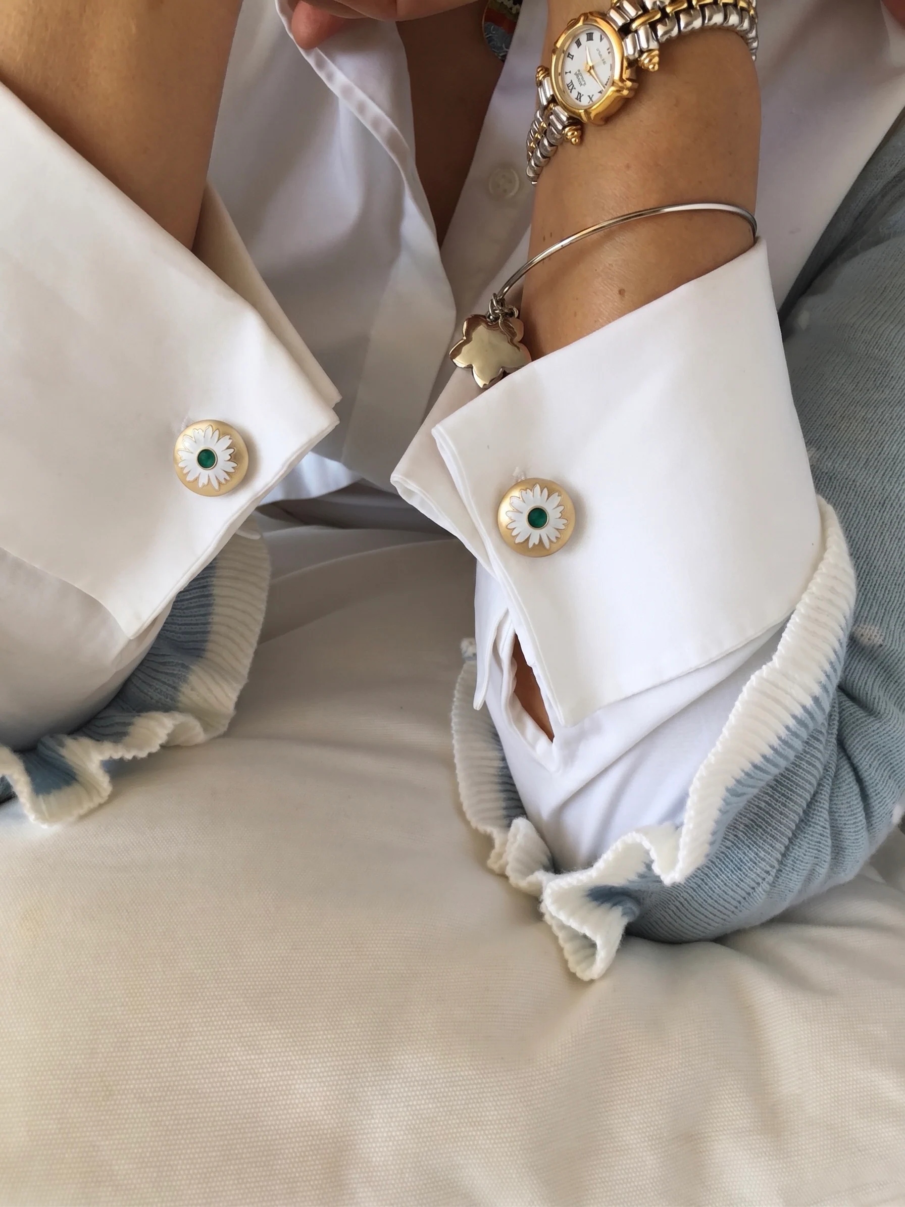 Daisy Cufflinks worn on white cuffs