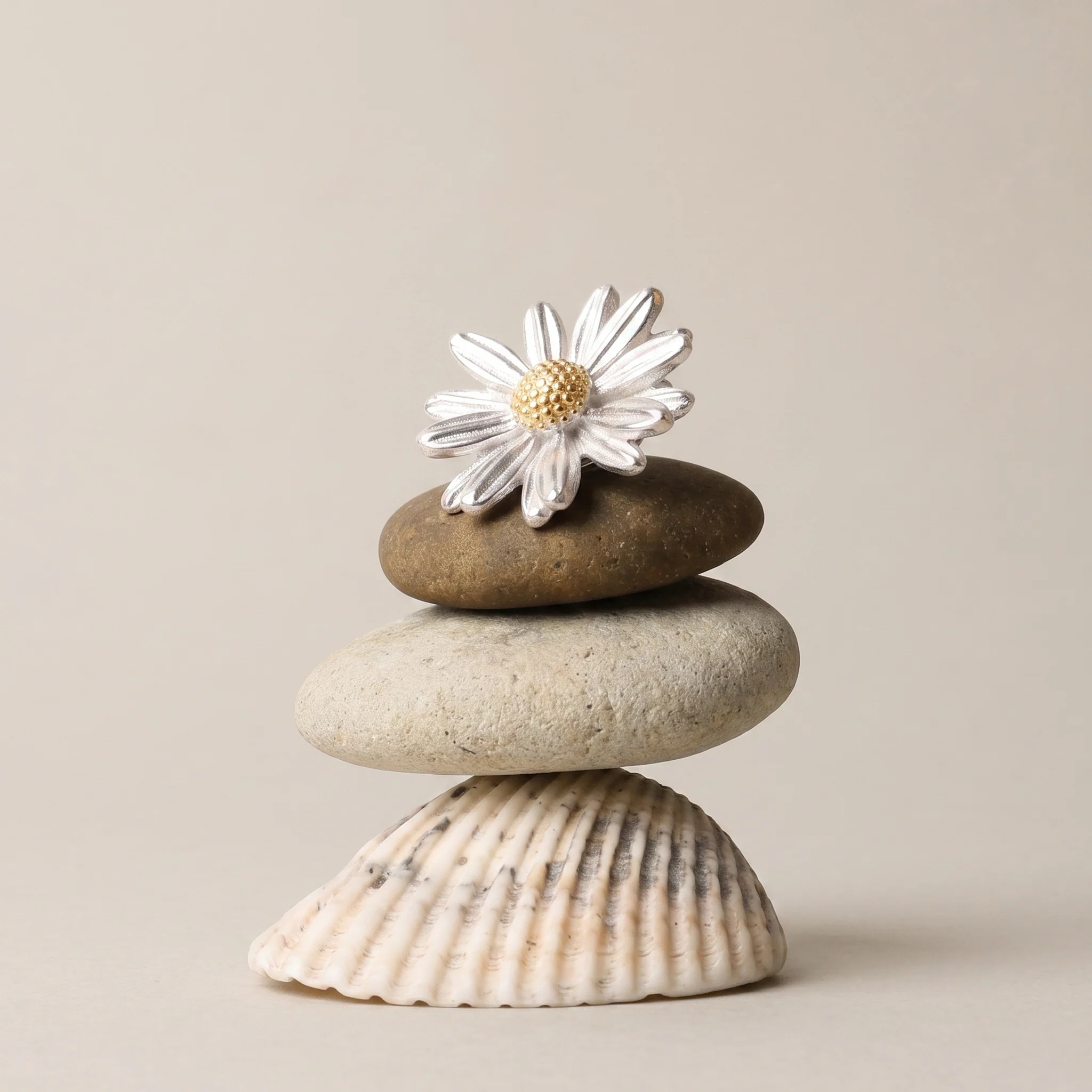 Silver Daisy Lapel Pin displayed on stacked stones