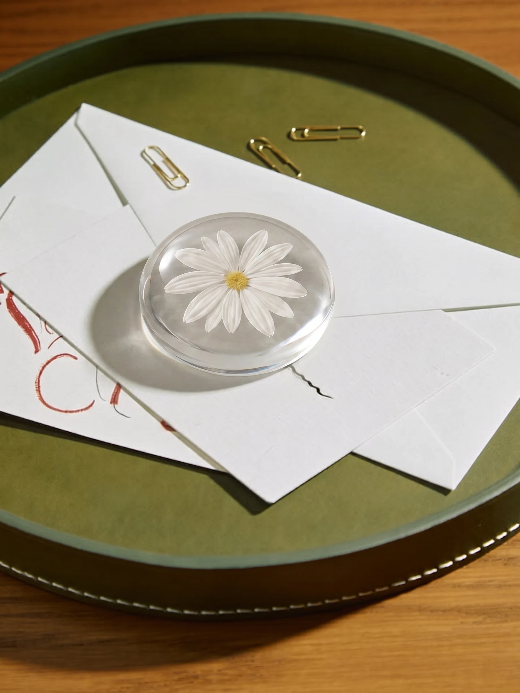Clear Daisy Paperweight resting on envelopes