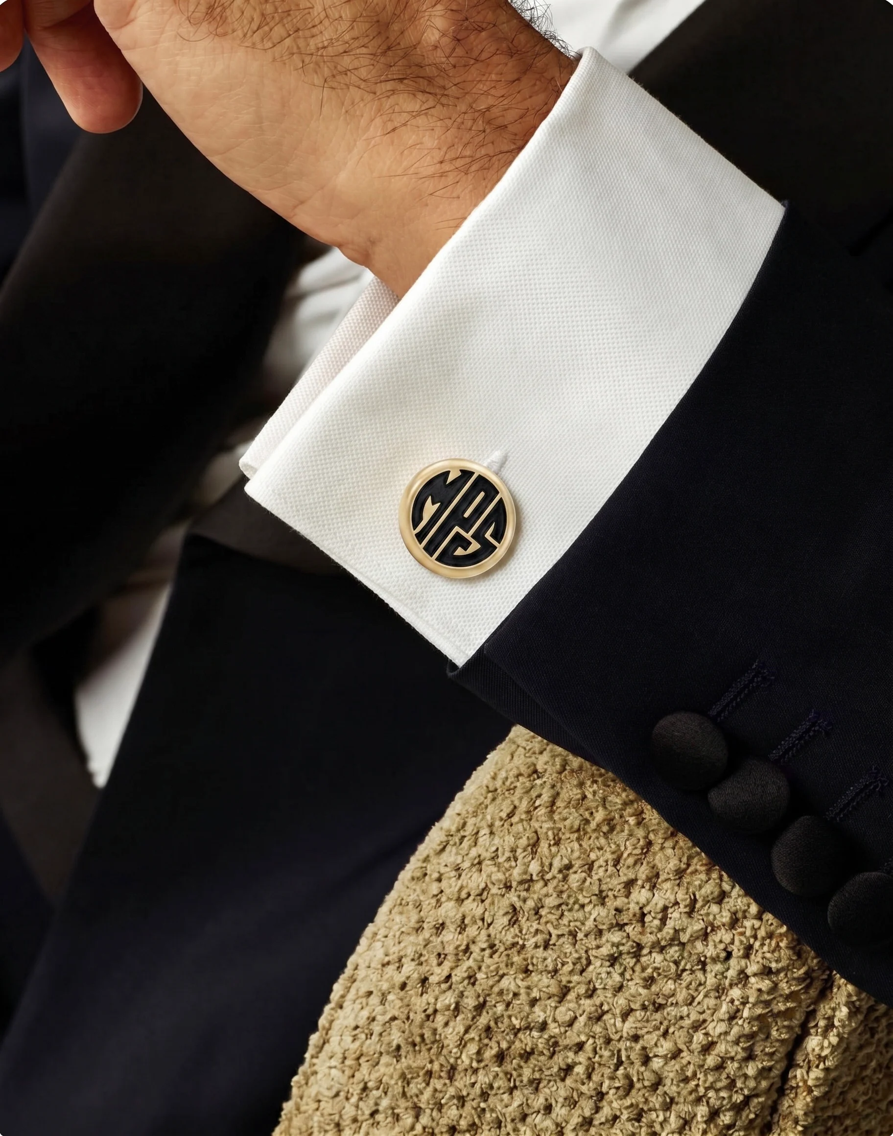 MPS Monogram Cufflink worn on a white cuff