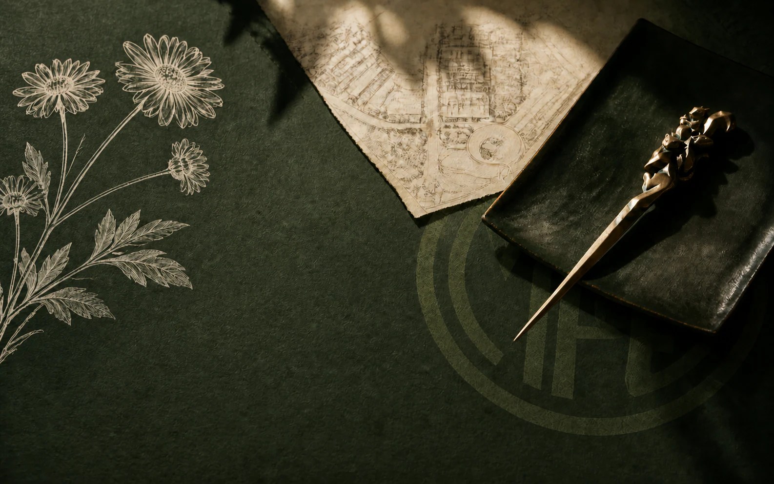 Miss Porter’s School animal-topped letter opener arranged with map and daisy sketches on a deep green field