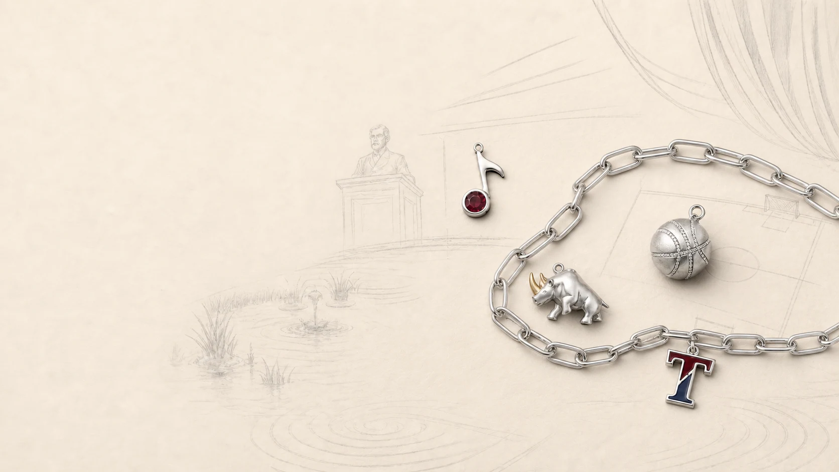 Taft charm bracelet with a rhino, Taft T, music, and basketball charms