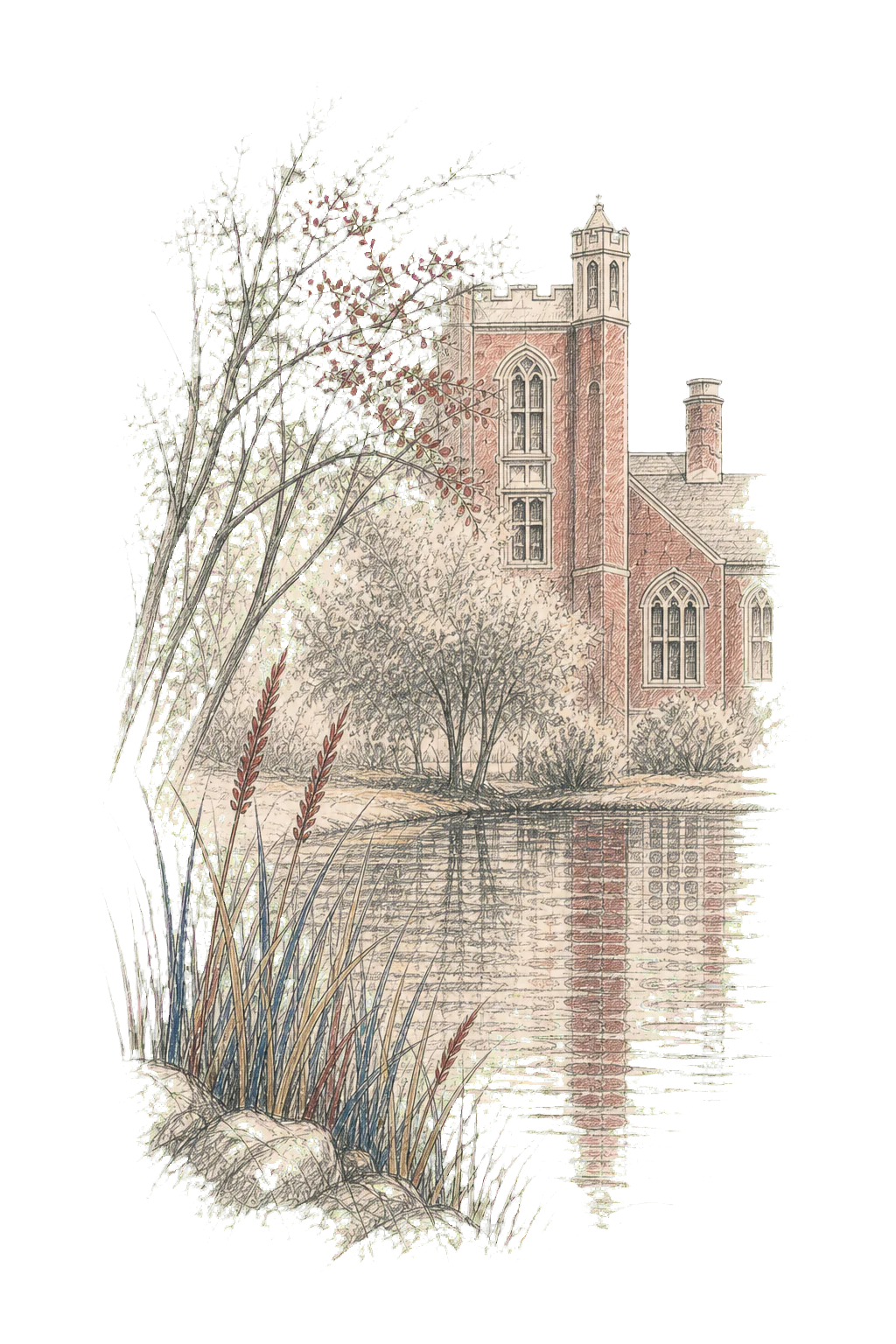 Fine pencil study of Potter's Pond and Taft's brick campus