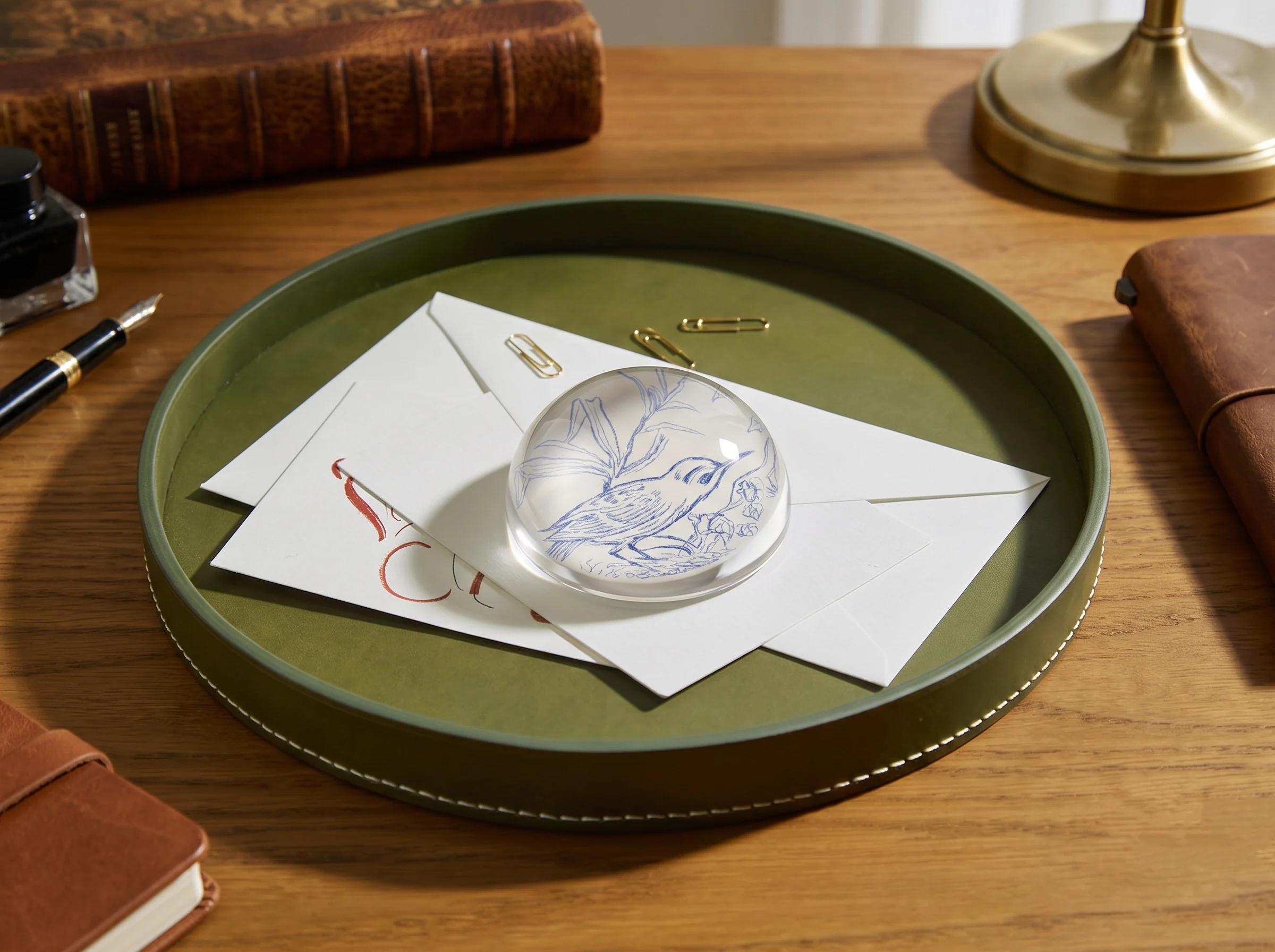 Westminster marlet glass paperweight centered on correspondence