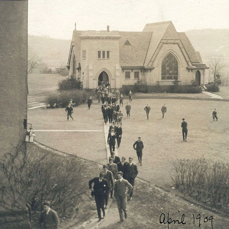 Historic Westminster School chapel and students on campus