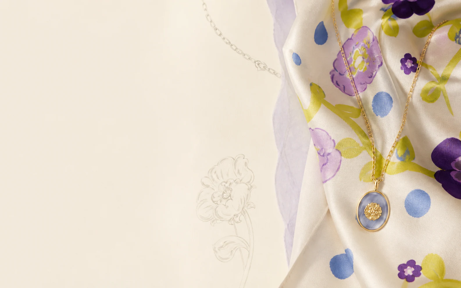 Westover silk scarf with a Tudor rose pendant and a hand-drawn floral study