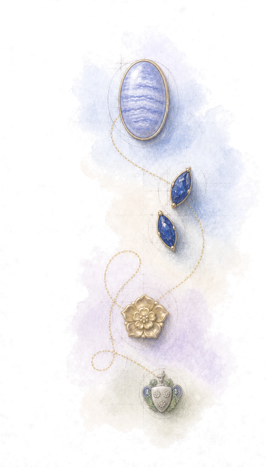 Blue lace agate, sapphire, Tudor rose, and crest color study